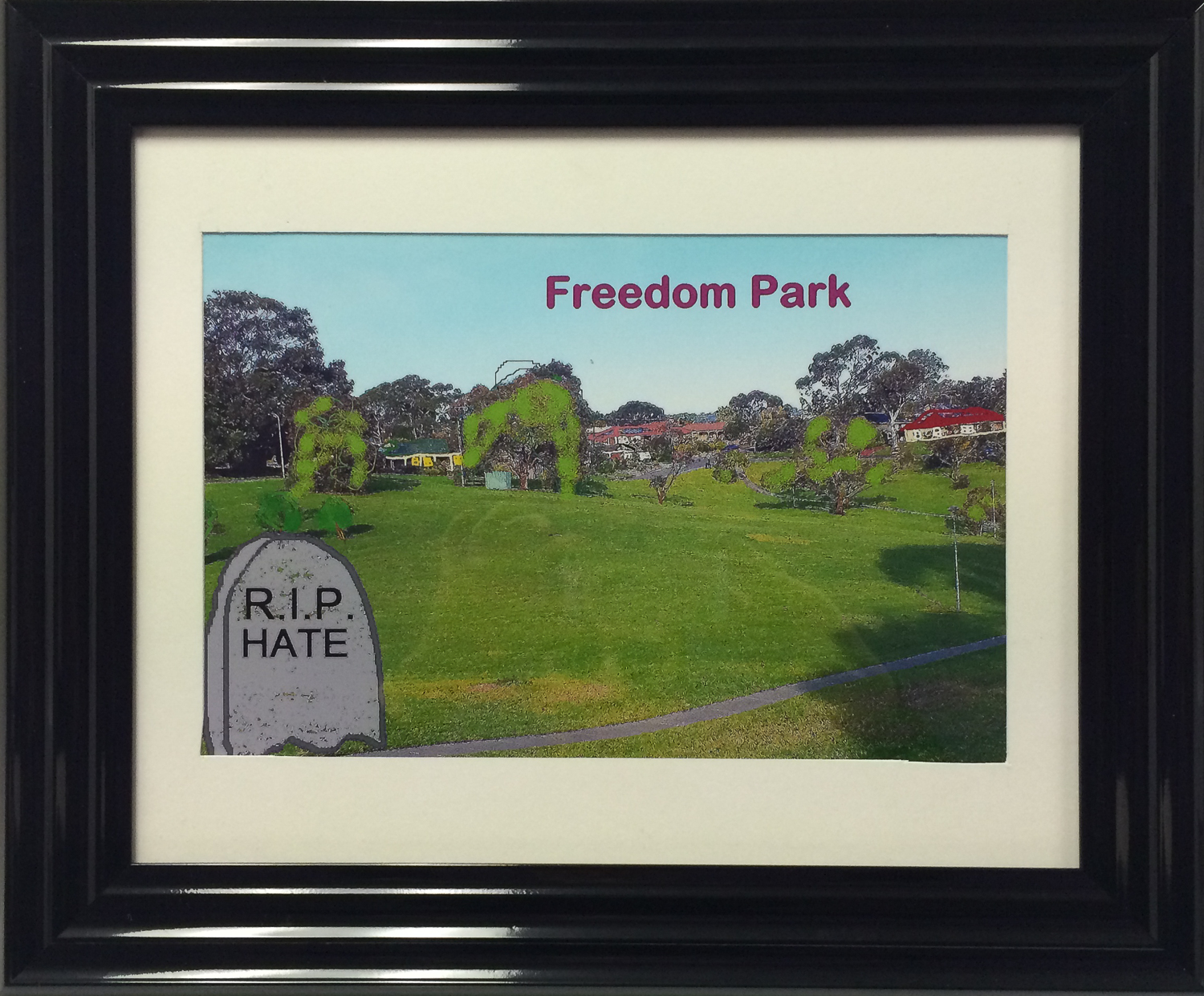 Freedom Park by Angelika Valentine Painting of park with a tombstone that says RIP hate
