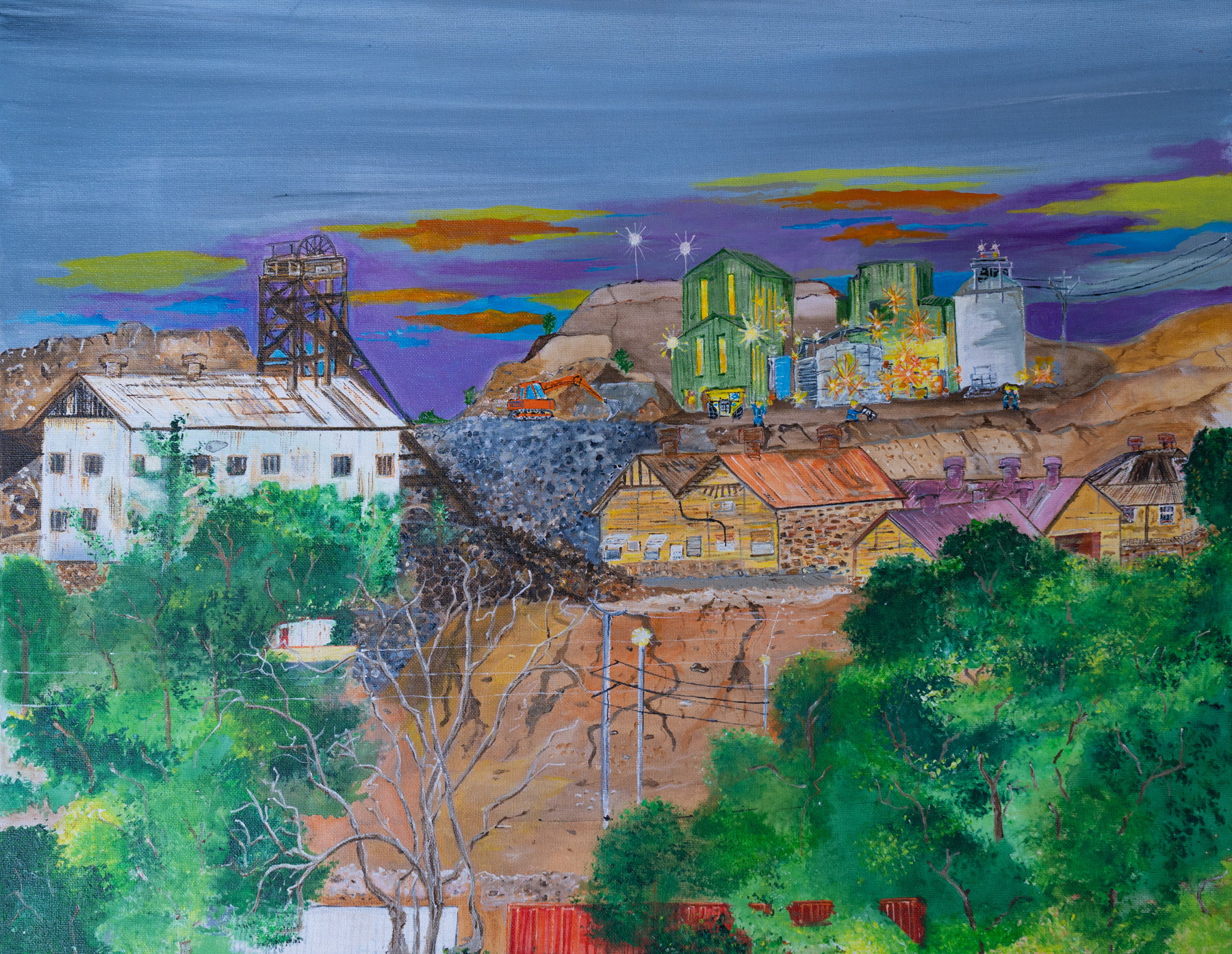 Rod's painting of the mine at broken hill - 2 Painting of the mine site at Broken Hill, under a purple sky