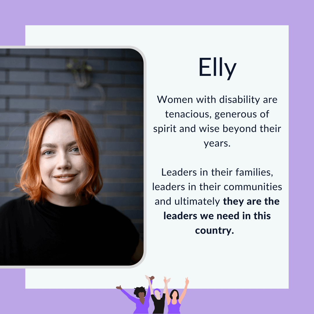 Text graphic with purple border and headshot photo of Elly in front of a grey brick wall. She has white skin, wavy firey red hair in a chin-length bob and wears a black top.