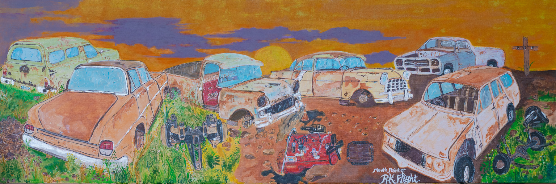 Rod's most recent painting at time of publication Painting of rusted old cars with an orange and purple skye