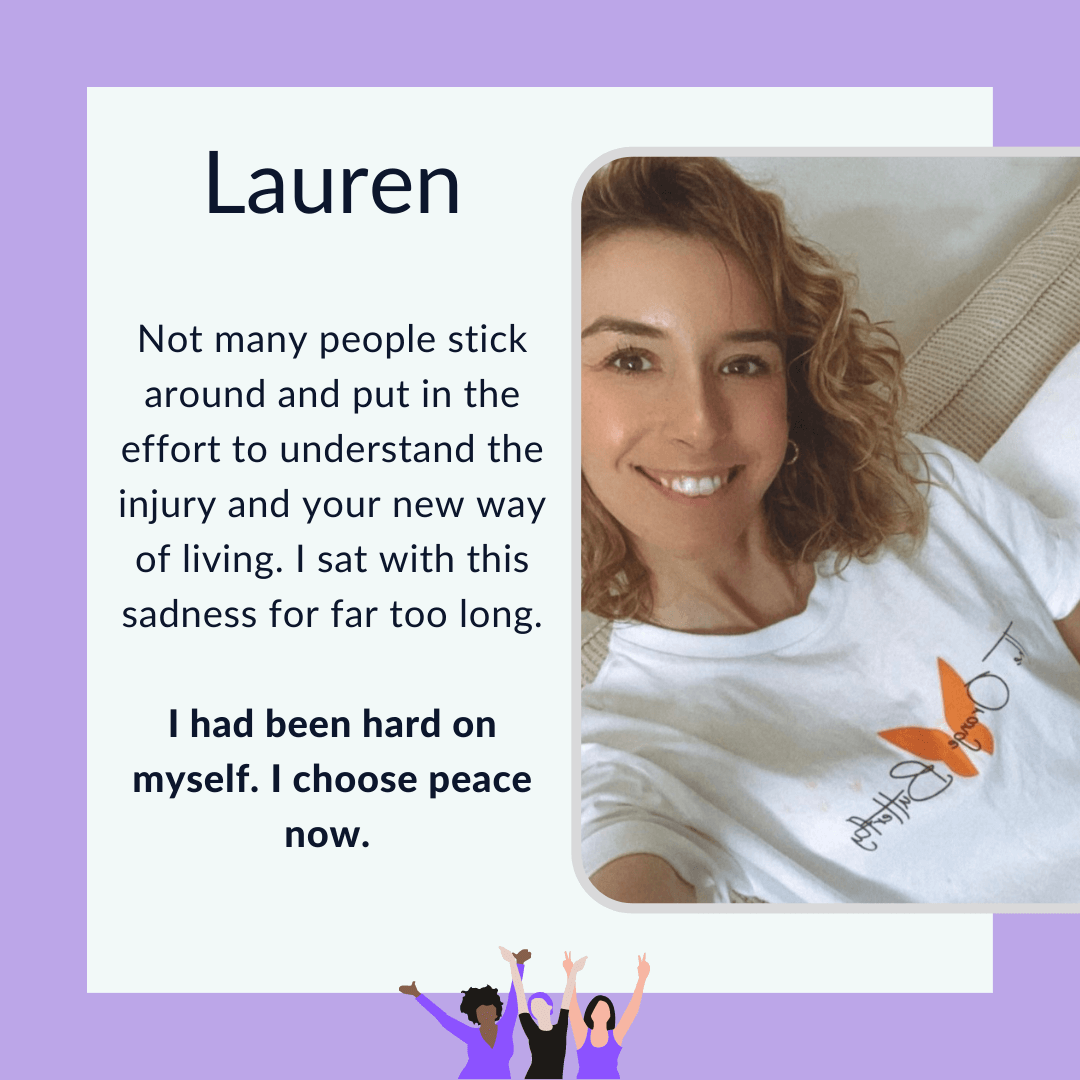 Photo of Lauren. Text graphic with purple border and selfie photo of Lauren wearing a white shirt with the Orange Butterfly logo.