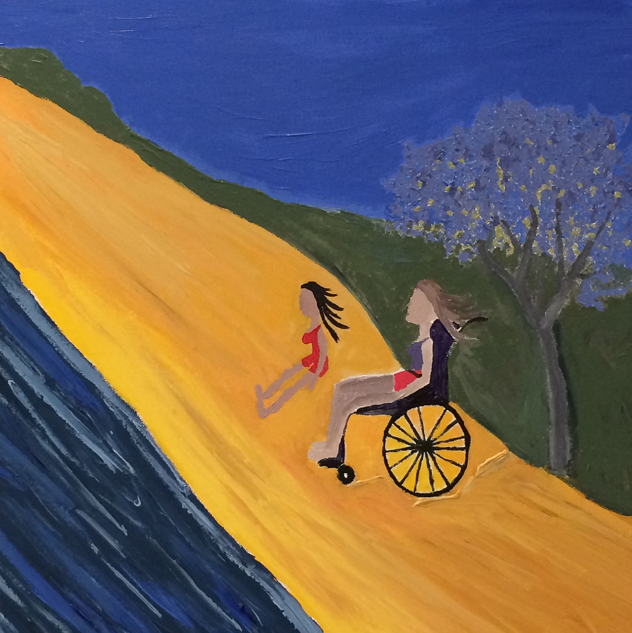 Painting of two people by the sea, one using a wheelchair