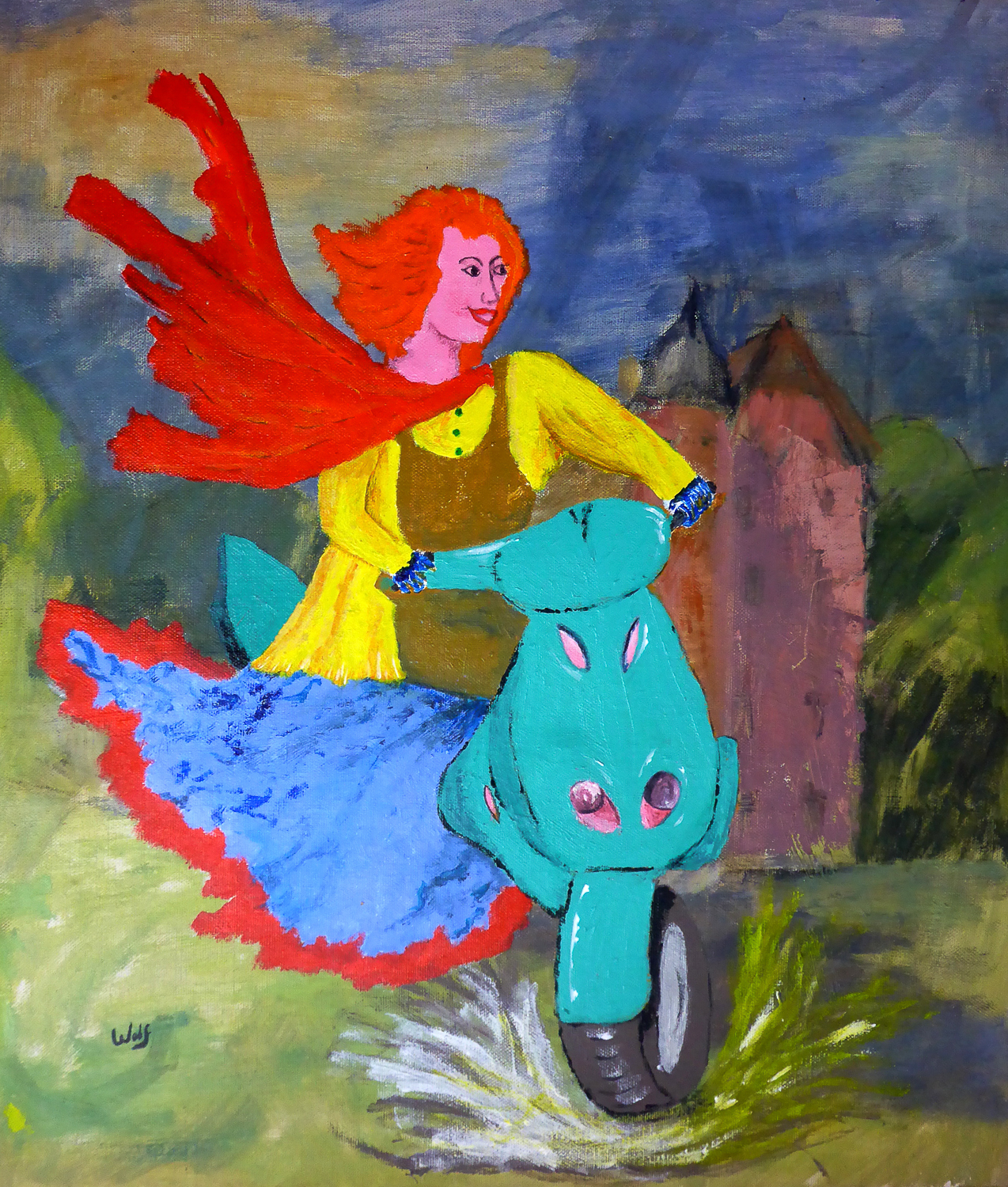Painting of woman on a motor bike looking happy
