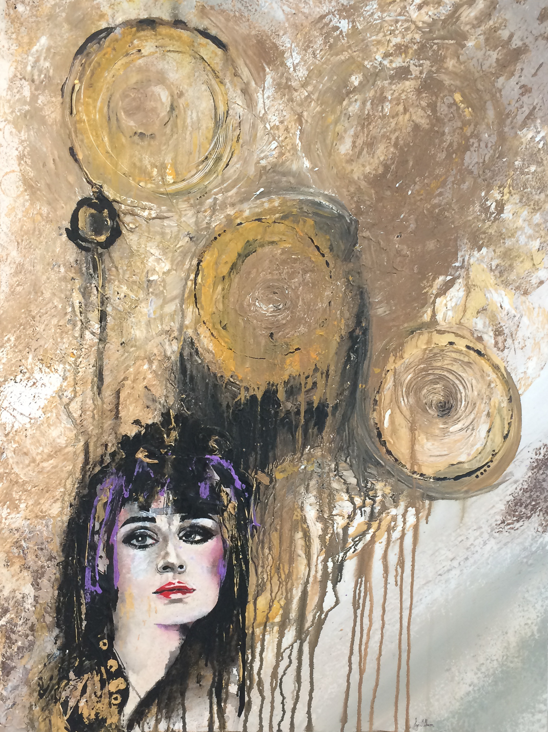 Painting of a woman with abstract balloons above her