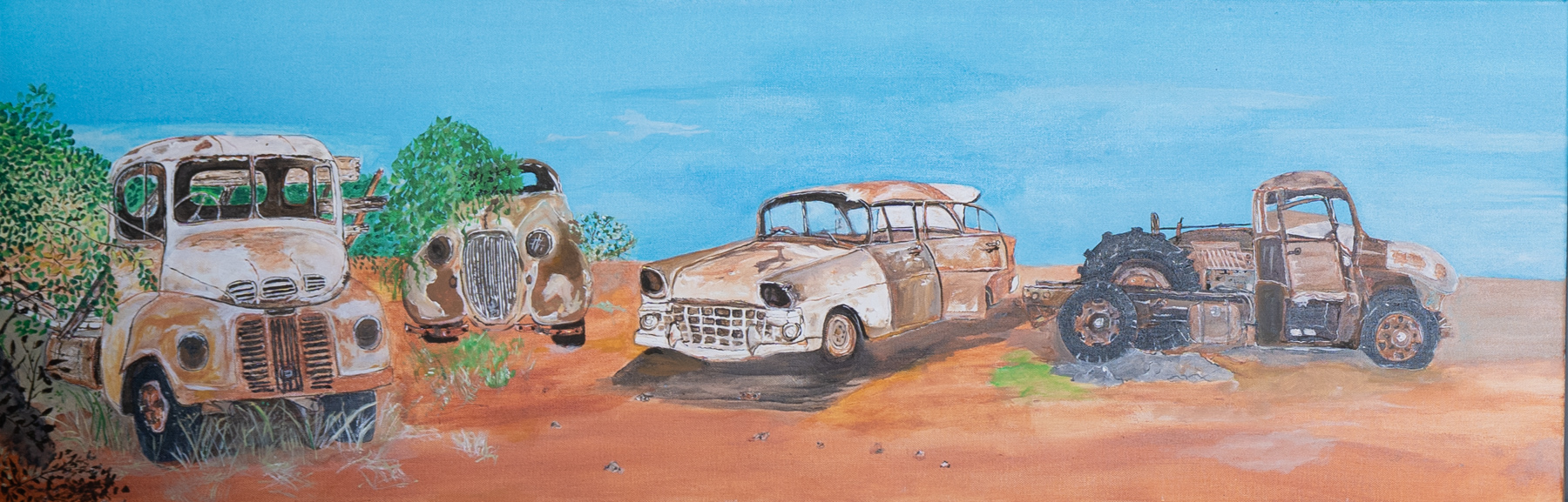 Rusty cars under a blue sky Painting of rusty cars under a blue sky
