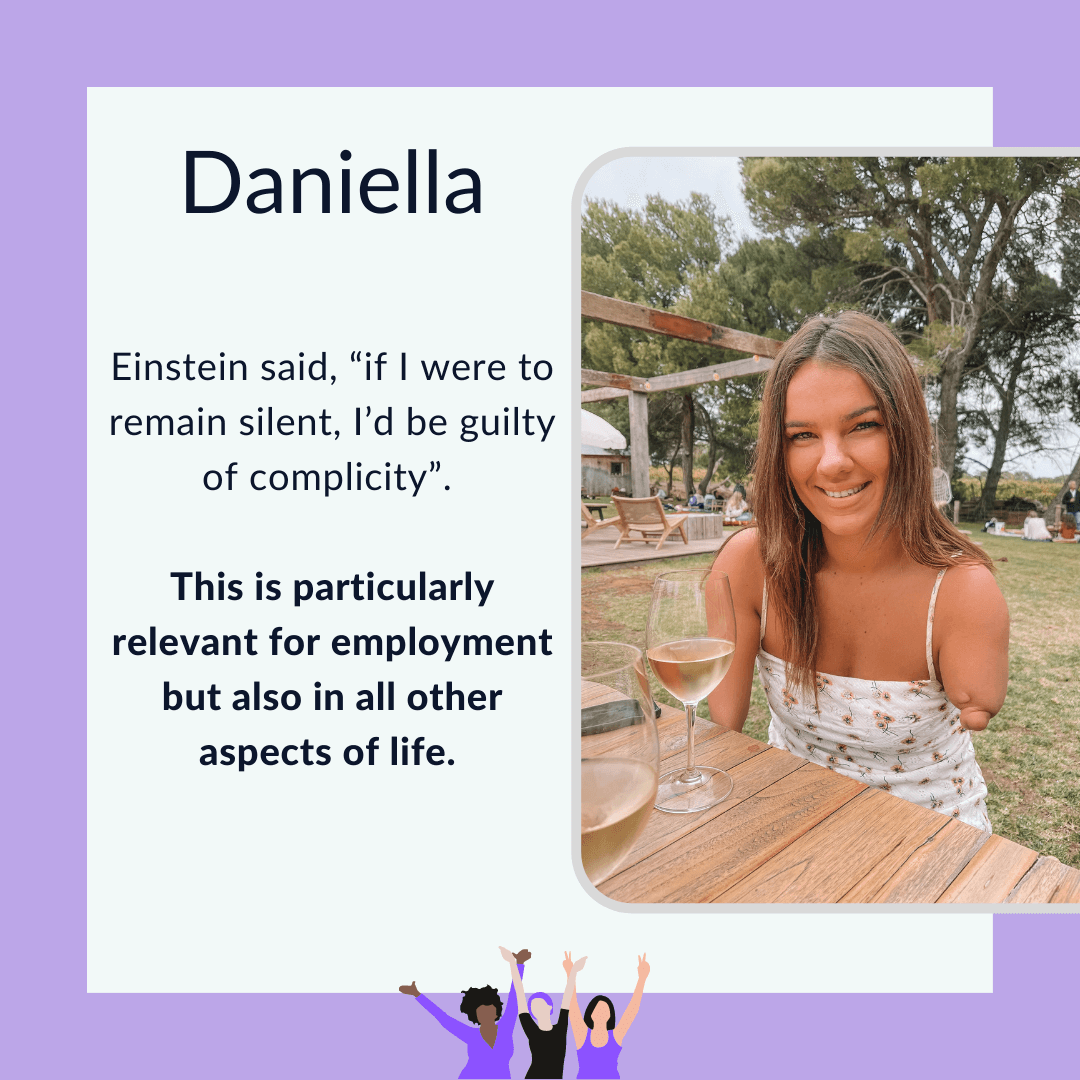 Text graphic with purple border and photo of Daniella outdoors with a drink, smiling to camera. She’s tanned, with straight light brown hair that falls below her chin, and wears a spaghetti strap printed top which visibly shows her smaller left hand.
