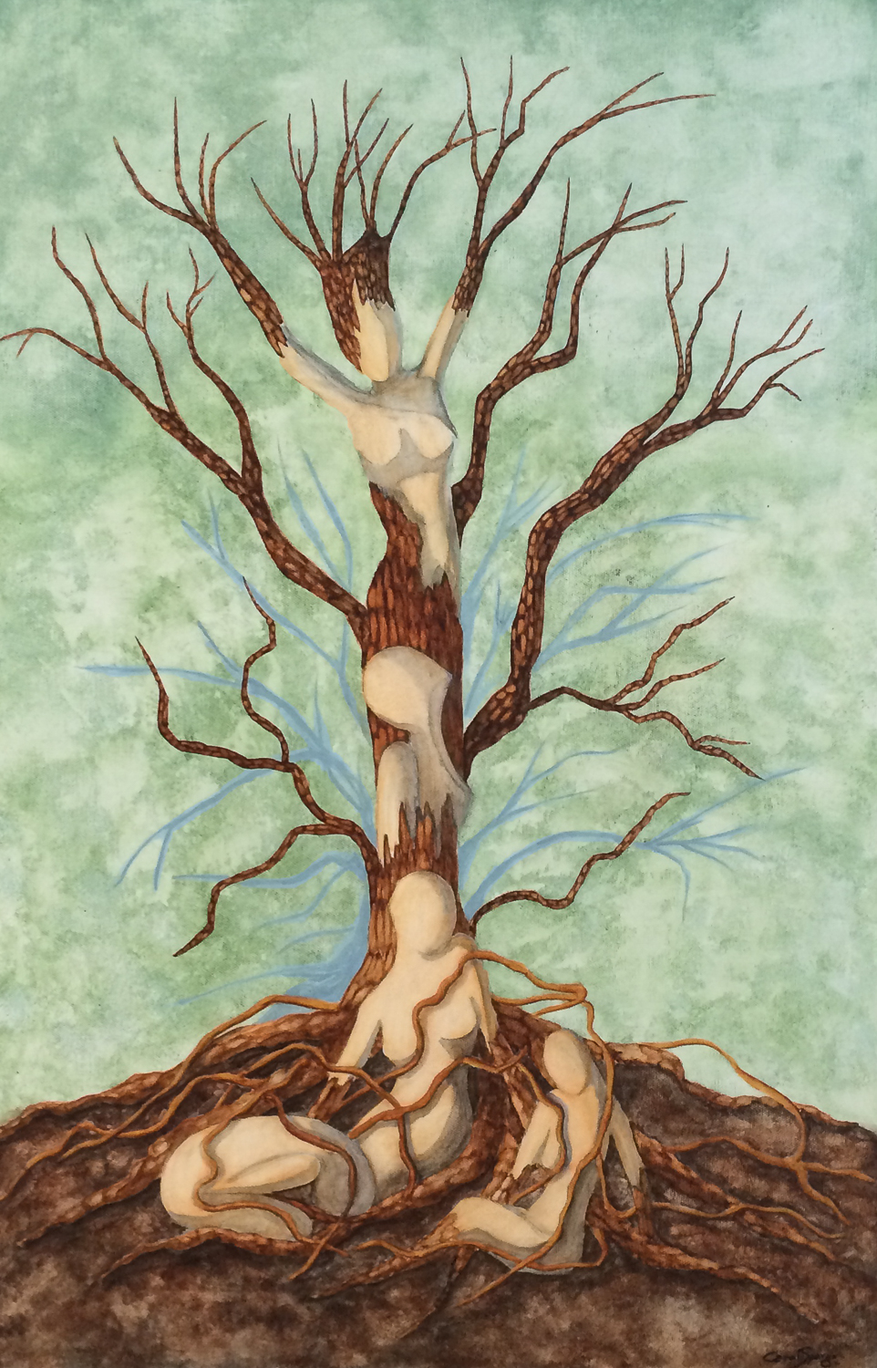 From Subjection to Freedom by Carol Spargo Painting of human bodies growing into a tree, looking proud at the top canopy