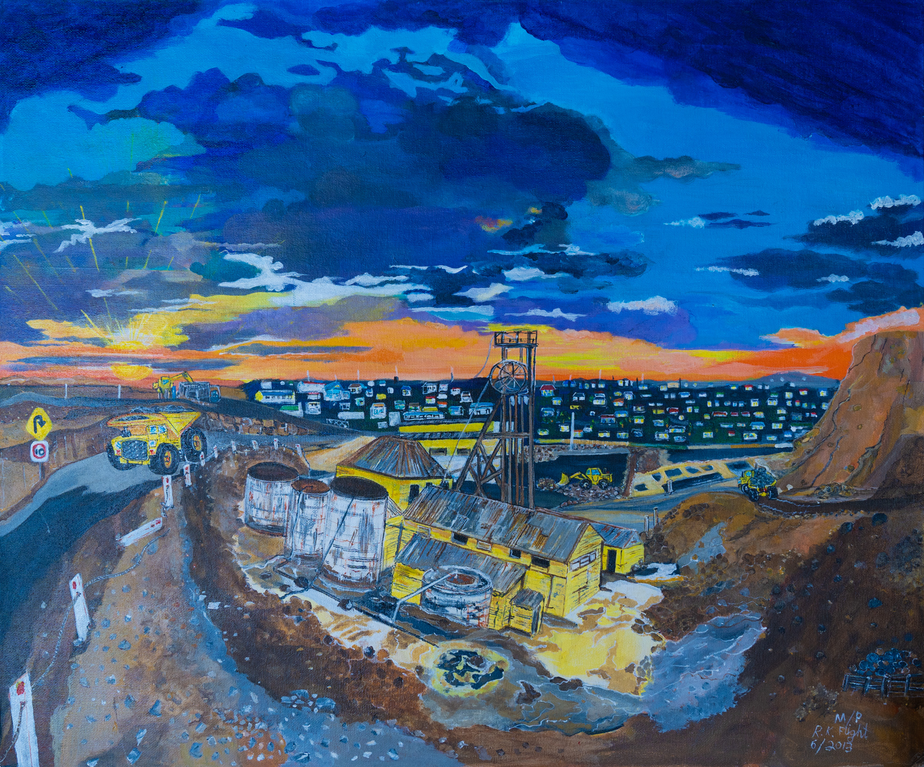 Rod's painting of the mine at Broken Hill Painting showing the mine at Broken Hill under a dark blue sky