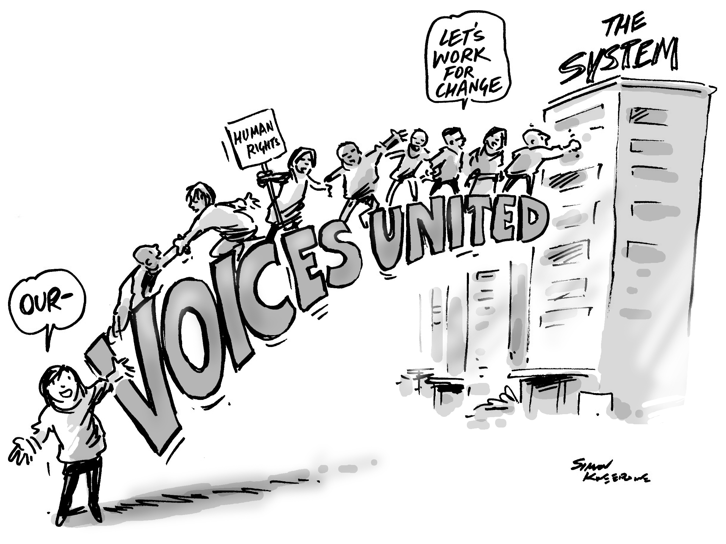 Our Voice cartoon shows people united to overcome the system Our Voice cartoon shows people united to overcome the system