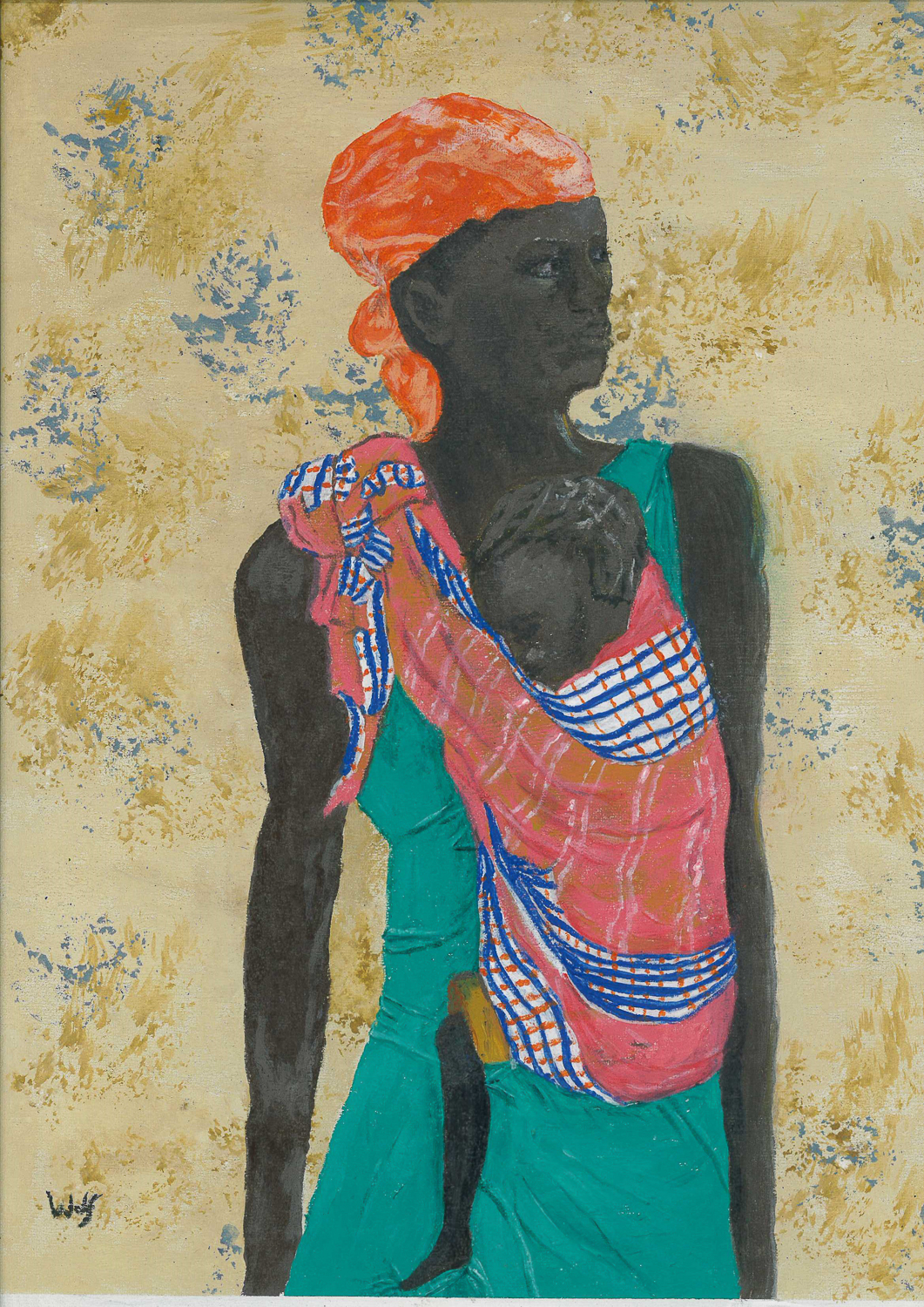 Title unknown by Wolfgang Karschimkus Colourful painting of woman carrying her baby in a wrap