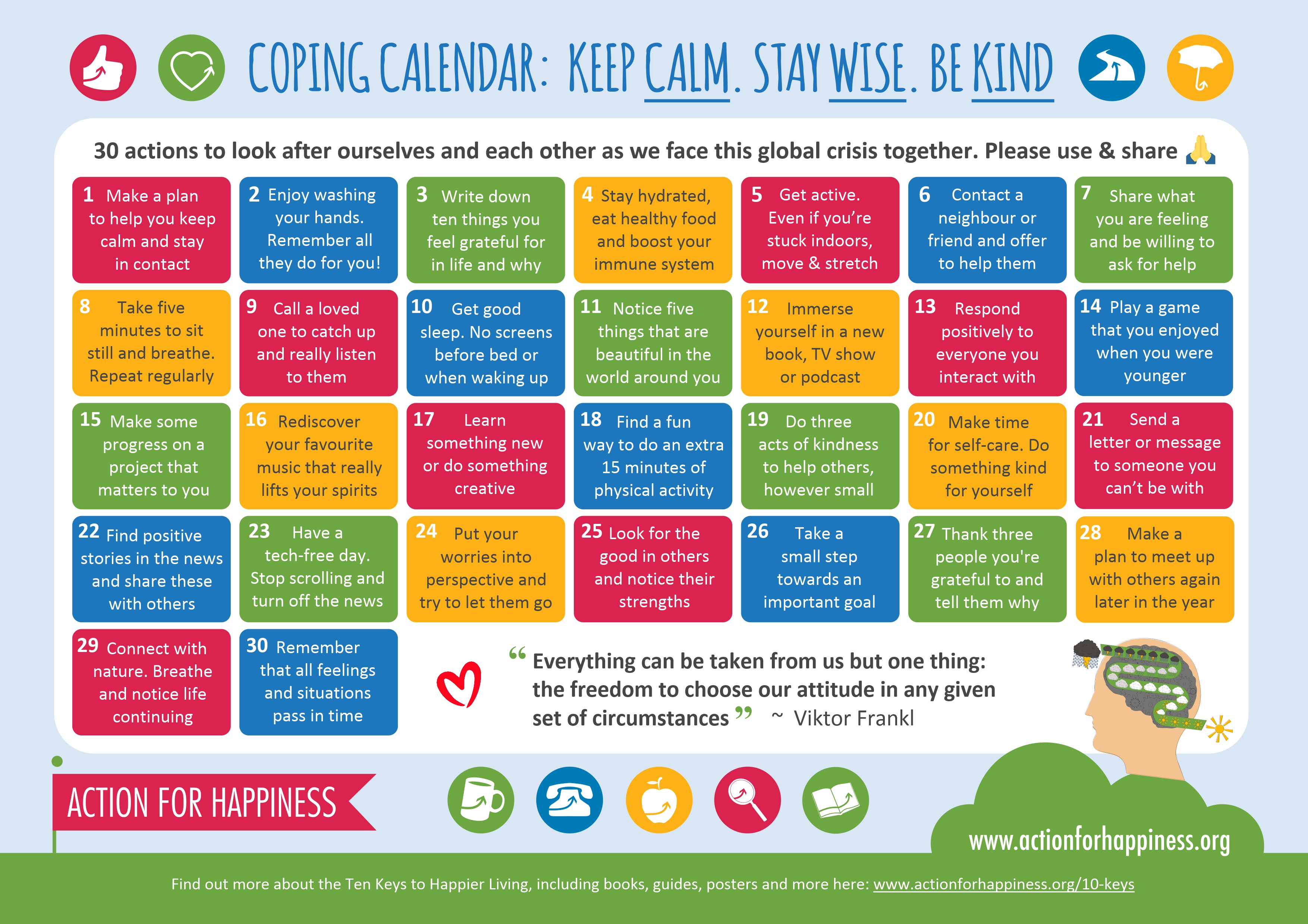 Coping Calendar Image shows a Coping Calendar with 30 ideas on self care, by Action for Happiness.