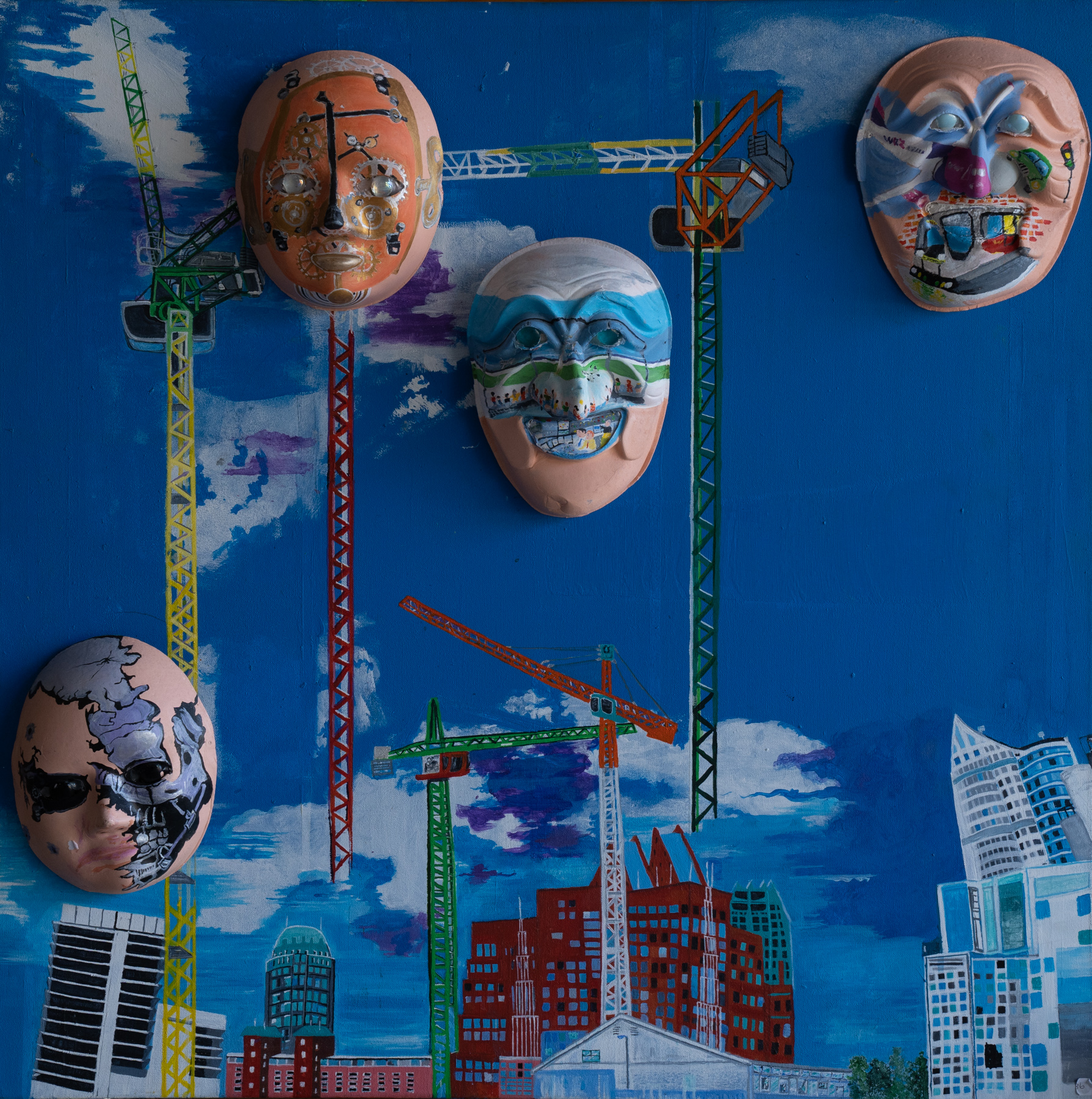 A painting of cranes over a city, with painted masks in the sky A painting of cranes over a city, with painted masks in the sky