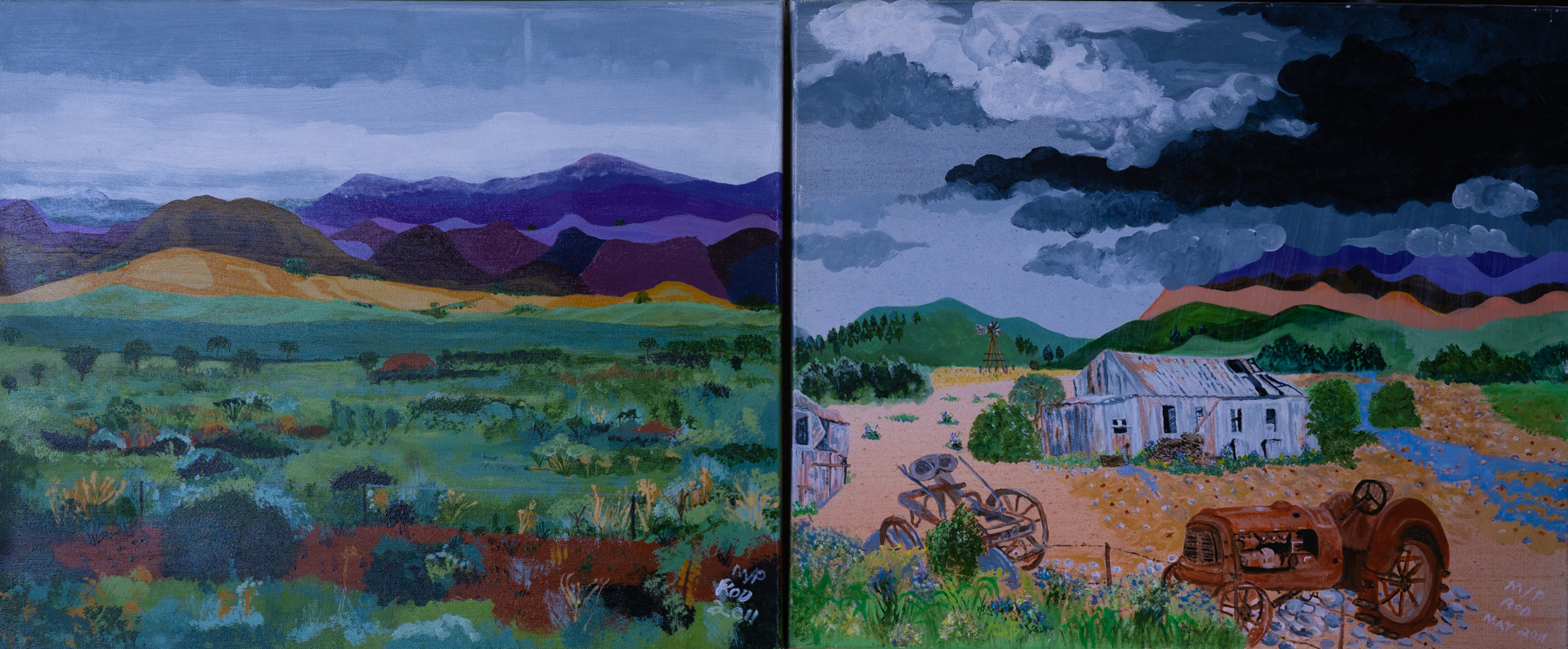 Two paintings of country scape with moody purple, blue, grey sky Two paintings of country scape with moody purple, blue, grey sky