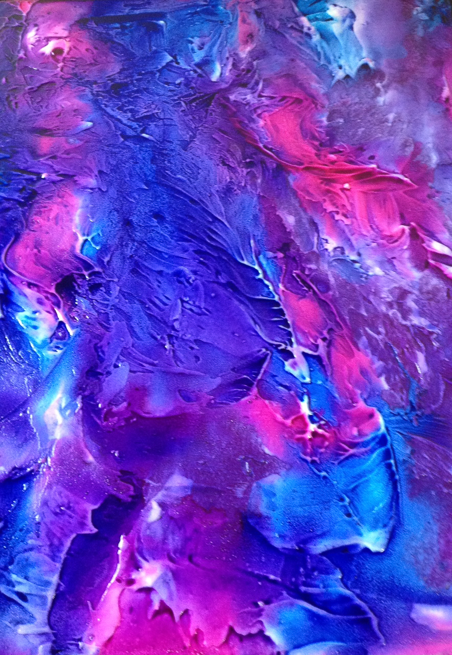 Abstract painting with vibrant blues, purples and pinks