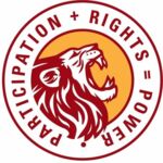 Logo for Our Voice SA. A red circle with a roaring lion in the centre. Text within the circle "Participation + rights = power."