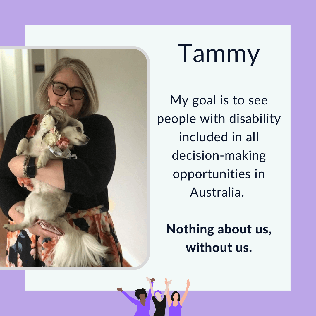 Photo of Tammy holding her pet dog and smiling at camera. Text graphic with purple border and photo of Tammy smiling to camera and holding her pet dog. She wears glasses, has white skin and light coloured hair in a bob.