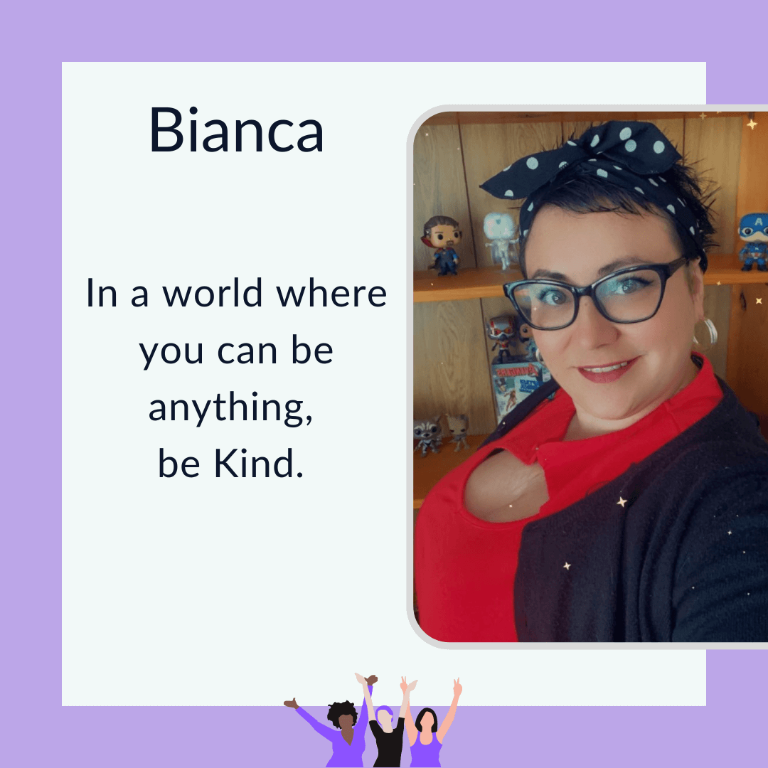 Photo of Bianca in front of a wooden shelf with collectible figurines. Text graphic with purple border and photo of Bianca in front of a shelf full of collectible figurines. They have short dark hair with a polka dot ribbon headband, olive skin, wears glasses and a black cardigan over a red cut-out top.