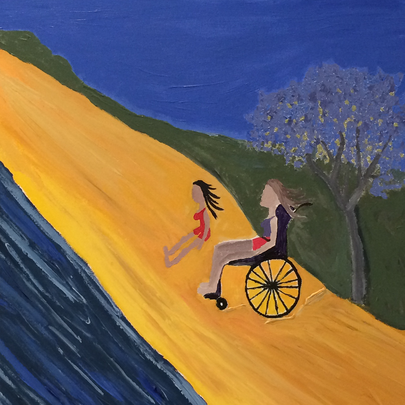 Freedom By The Sea by Jewels Smith Painting of two people by the sea, one using a wheelchair