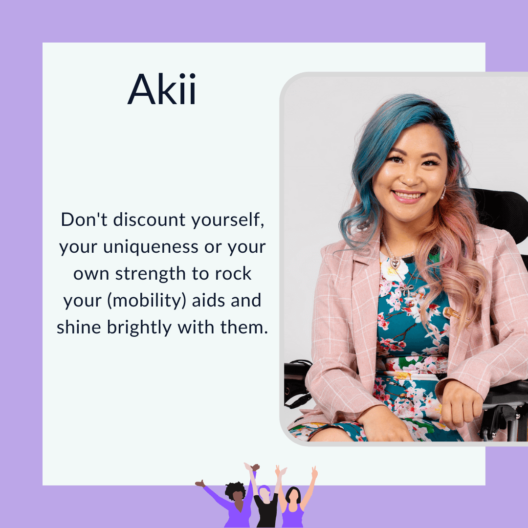 Photo of Akii, an Asian person with long wavy blue and pink hair smiling at camera. Text graphic with purple border and photo of Akii smiling to camera. They are an Asian person with long wavy pink and blue hair, wearing a pastel pink blazer over a turquoise floral dress.