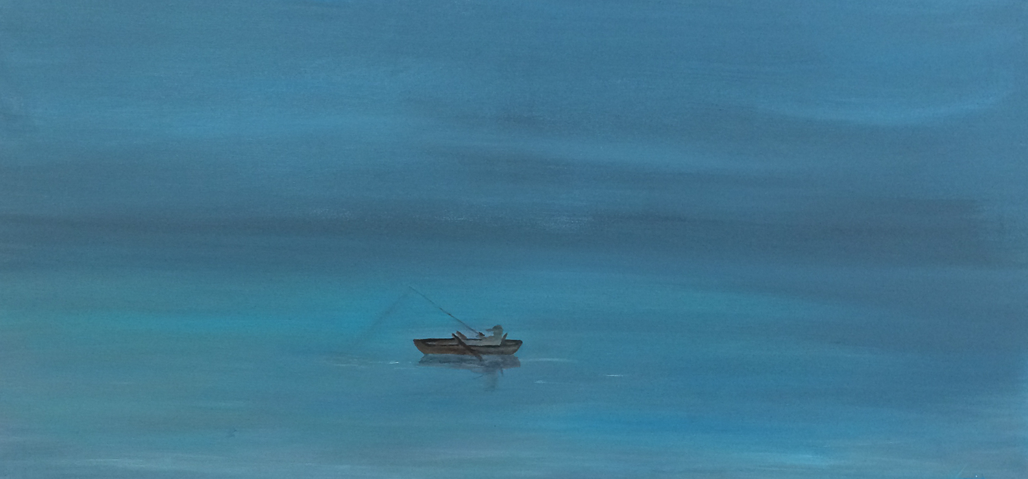 Freedom (According To Husband) Artwork by Ros Cassidy A painting of a tiny boat one a big ocean