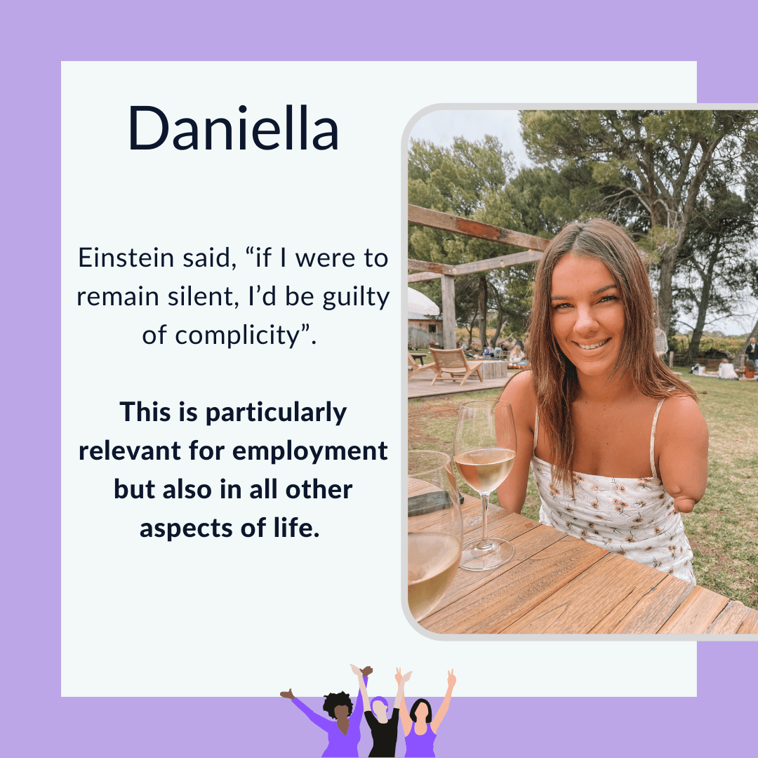 Photo of Daniella outdoors with a drink. Text graphic with purple border and photo of Daniella outdoors with a drink, smiling to camera. She’s tanned, with straight light brown hair that falls below her chin, and wears a spaghetti strap printed top which visibly shows her smaller left hand.