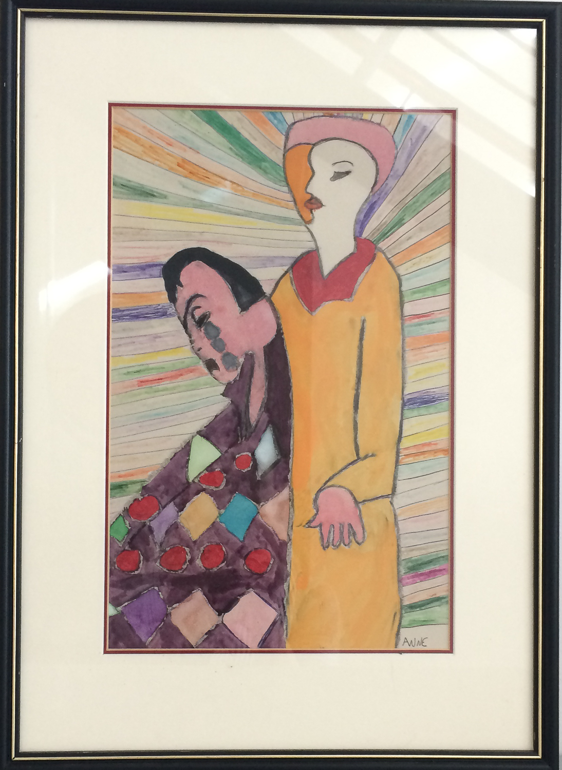 Be Happy by Anne Golding Colourful abstract painting of two people