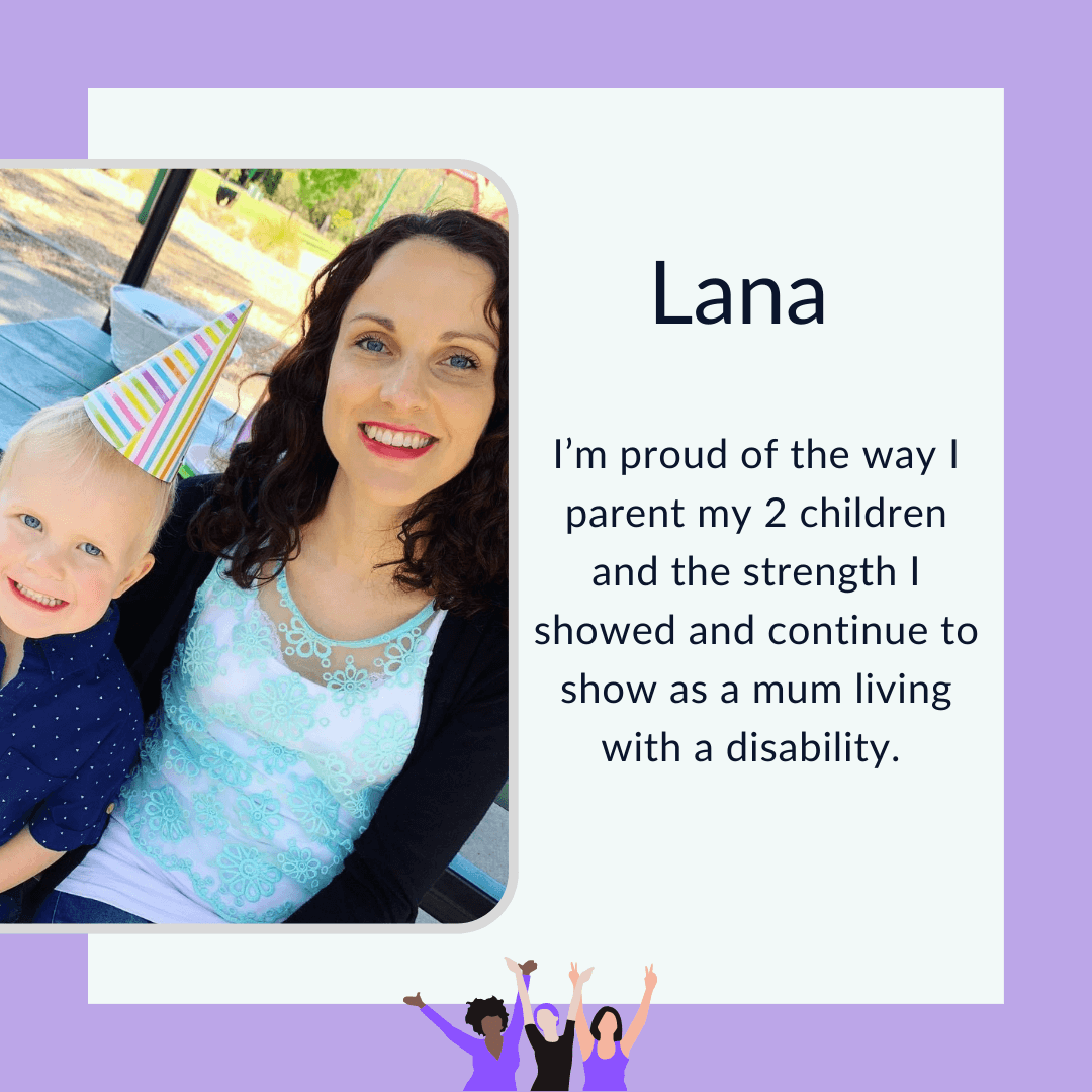 Text graphic with purple border and photo of Lana and her son smiling to camera at an outdoor party. 