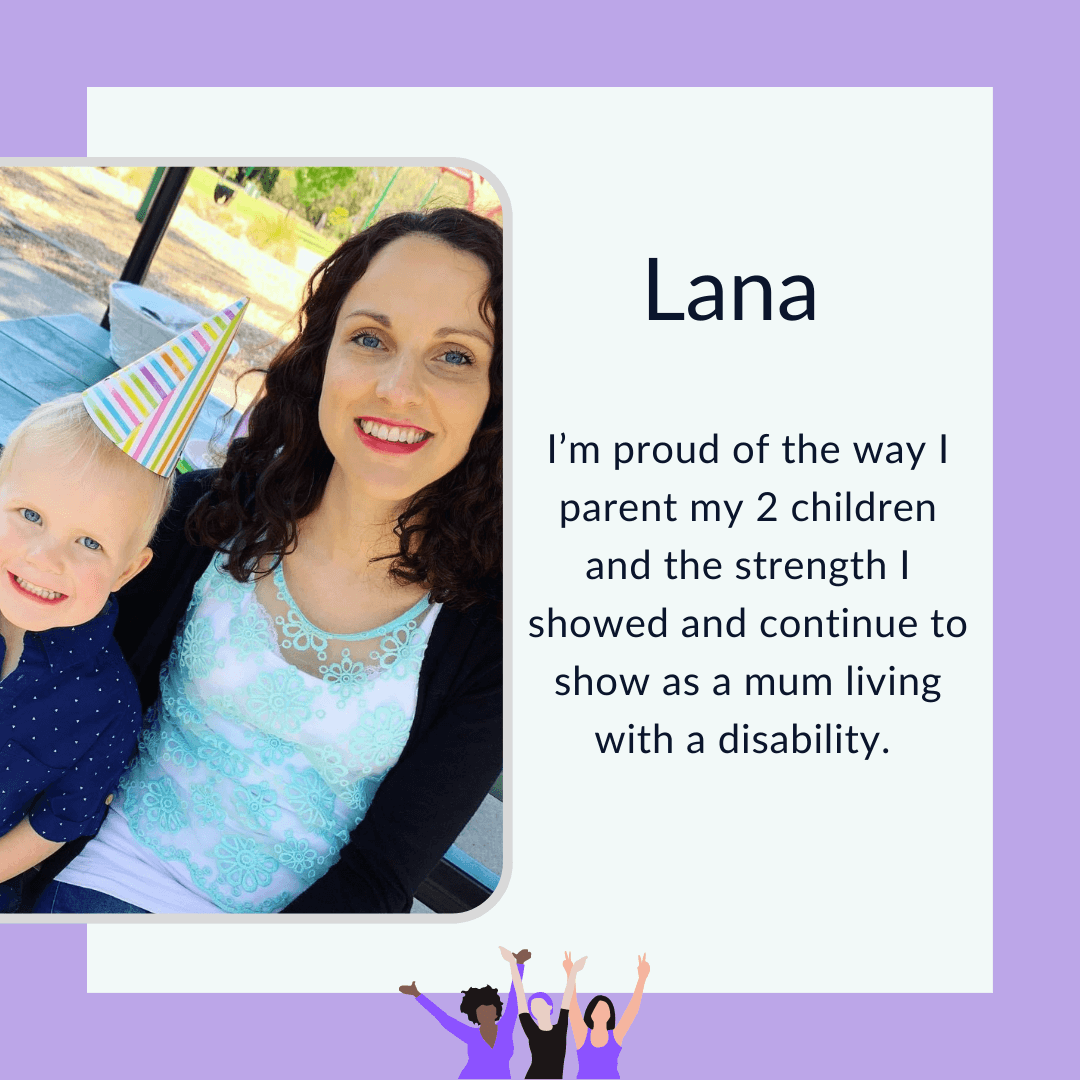 Photo of Lana with her son at an outdoor party. Text graphic with purple border and photo of Lana and her son smiling to camera at an outdoor party.