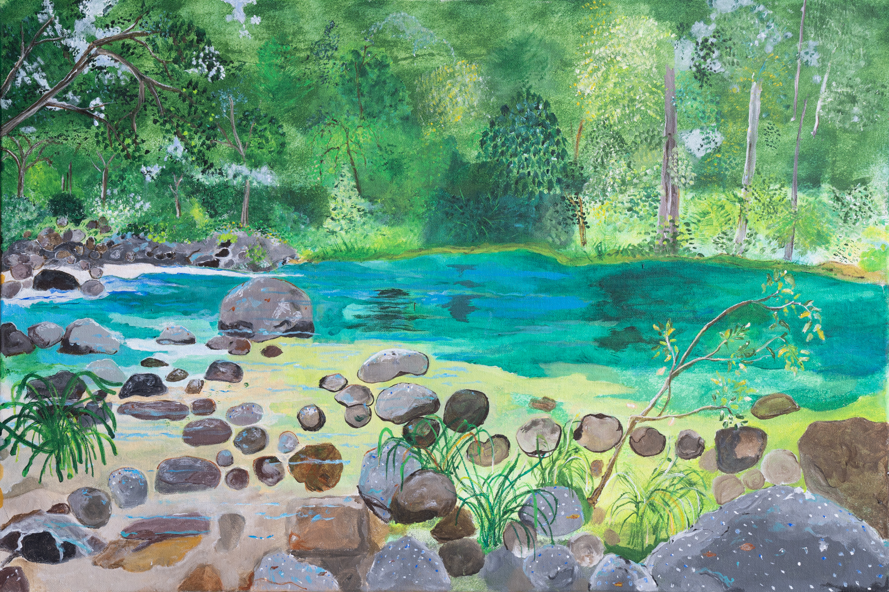 Rod's painting of a pond Nature painting, showing a pond, stones and trees