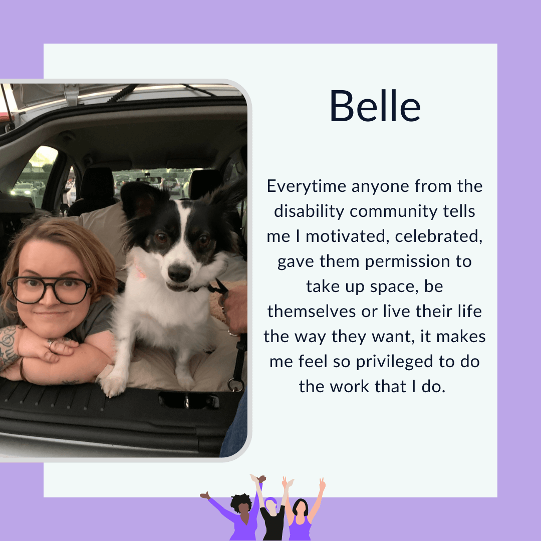 Text graphic with purple border and photo of Belle and her dog, Dolly lying in the open boot of a car filled with cushions. Text graphic with purple border and photo of Belle and her dog, Dolly lying in the open boot of a car filled with cushions.