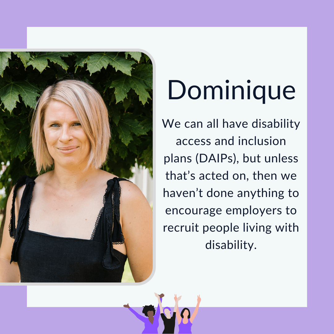 Photo of Dominique in front of a green leafy background, smiling at camera. Text graphic with purple border and photo of Dominique in front of a green leafy background, smiling at camera. She has straight honey blonde hair in a chin-length bob, white skin and wears a black ribboned sleeveless top.